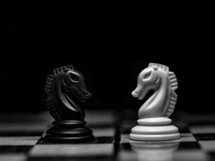 Black and white knights facing off on chess board